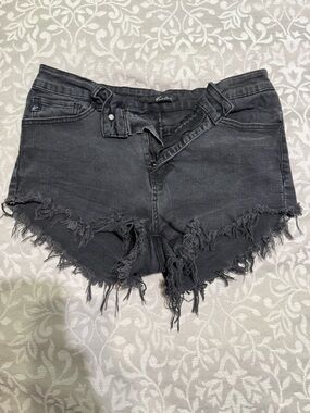 KanCan Black Women's Denim Shorts with Frayed Hem